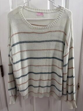 Pink Lily Cream Striped Crewneck Sweater with Blue & Tan Accents